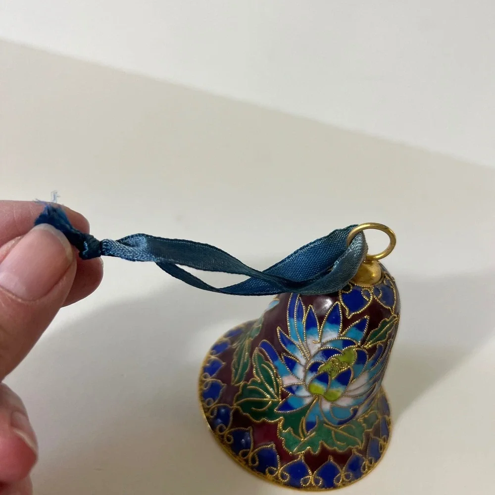 Vintage Cloisonne Ornament Floral‎ Bell Purple Blue Green 3
